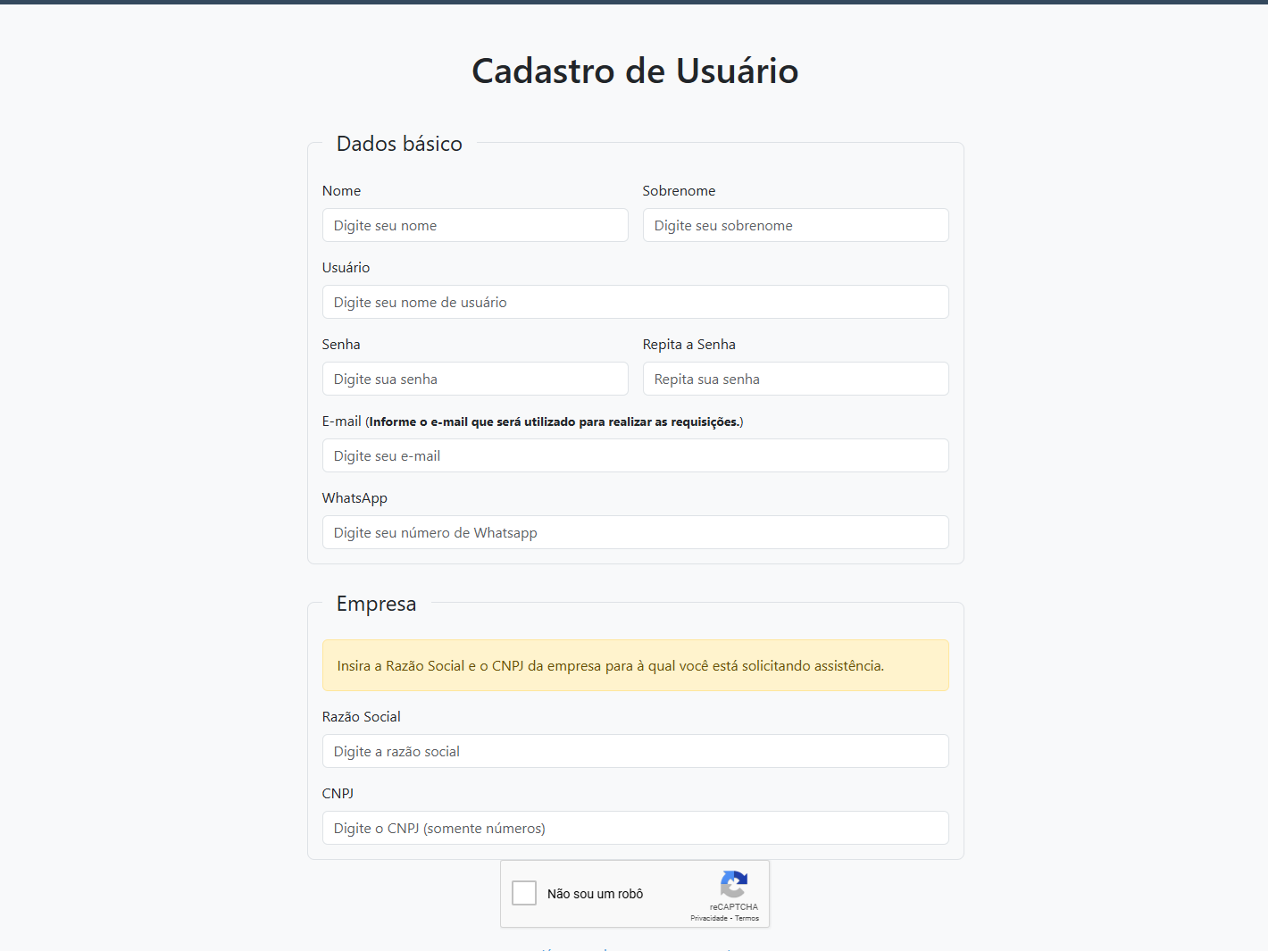 Formulário de cadastro de usuário com campos Nome, Sobrenome, Usuário, Senha, E-mail, WhatsApp, Razão Social e CNPJ
