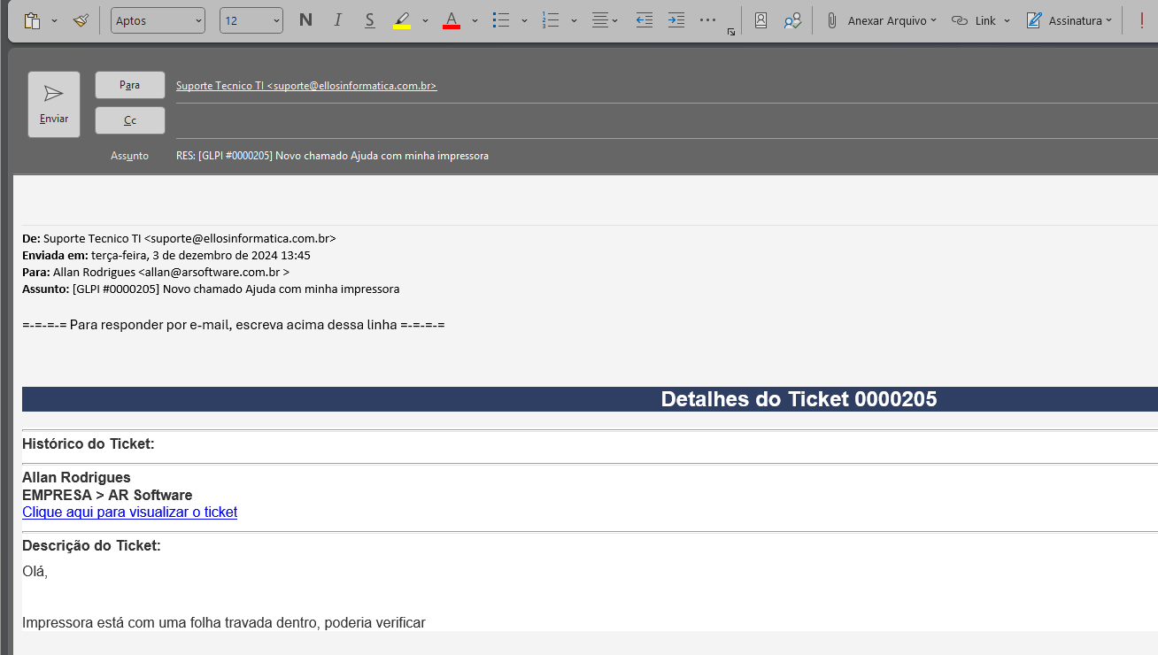 E-mail do GLPI com a linha 'Para responder por e-mail, escreva acima dessa linha' e Detalhes do Ticket